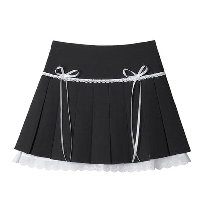 Pleated Eyelet Lace Trim High Waist Mini A-Line Skirt