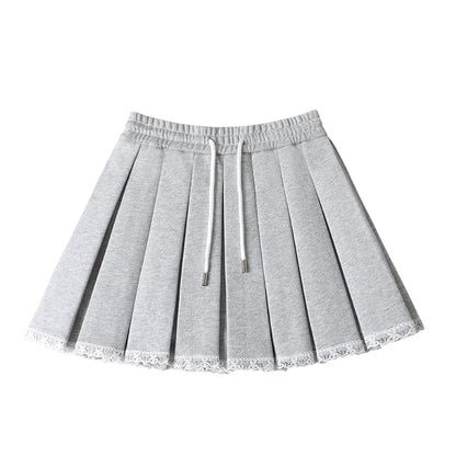 Pleated Lace Trim High Rise Mini A-Line Skirt