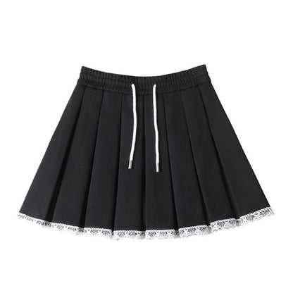 Pleated Lace Trim High Rise Mini A-Line Skirt