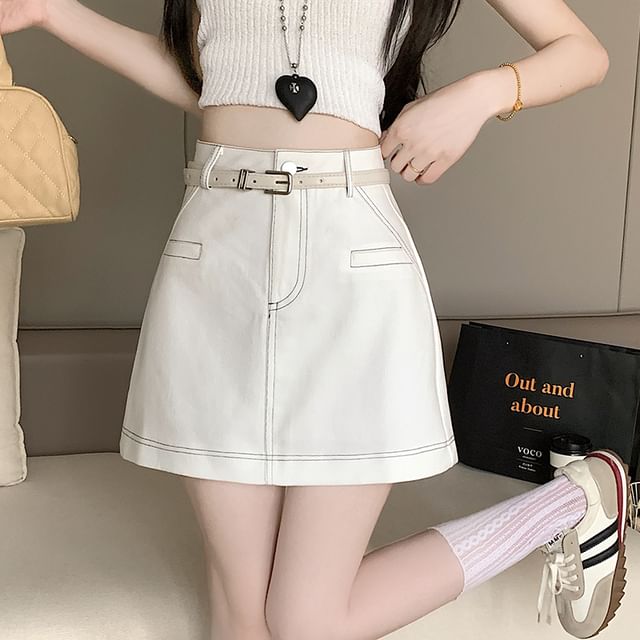 Contrast Stitch Denim Mini Skirt with High Rise