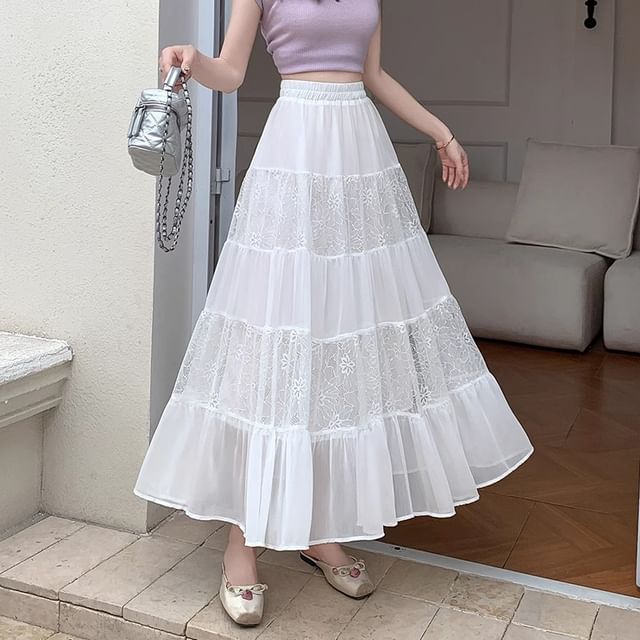 Tiered Lace Midi Skirt with Comfortable Elastic Waist