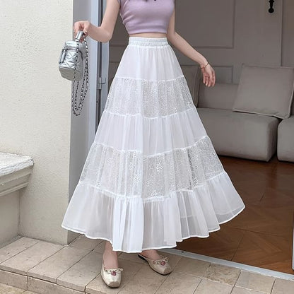 Tiered Lace Midi Skirt with Comfortable Elastic Waist