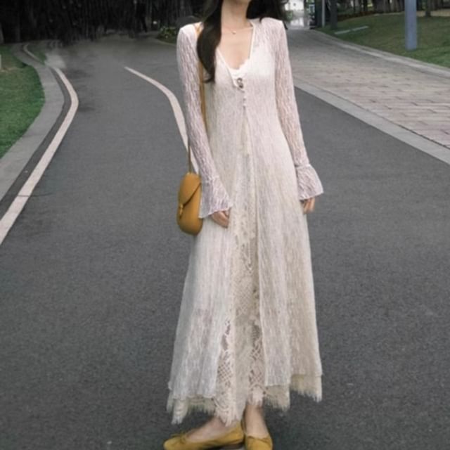 Lace V-Neck Spaghetti Strap A-Line Dress Jacket