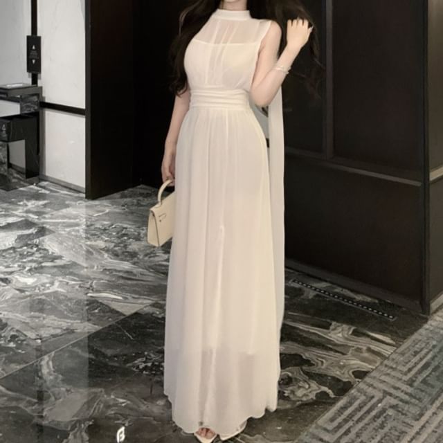 Mesh Slit Mock Neck Sleeveless A-Line Maxi Dress