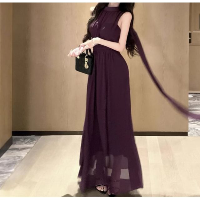 Mesh Slit Mock Neck Sleeveless A-Line Maxi Dress