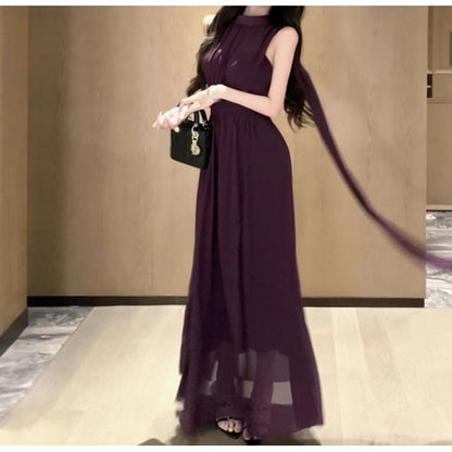 Mesh Slit Mock Neck Sleeveless A-Line Maxi Dress