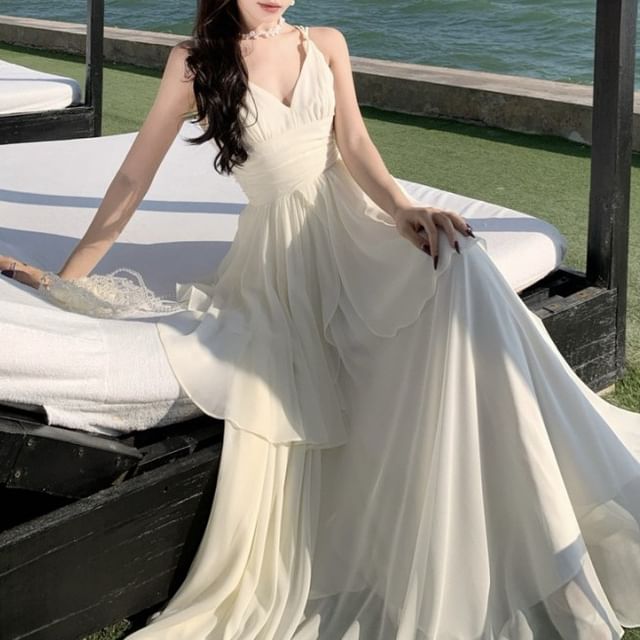 Asymmetrical Plain Spaghetti Strap A-Line Maxi Dress