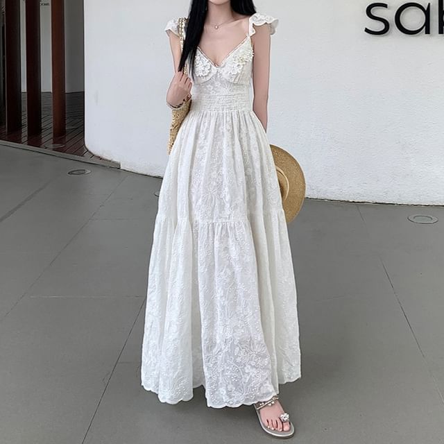 Tiered Lace Cap-Sleeve A-Line Maxi Dress