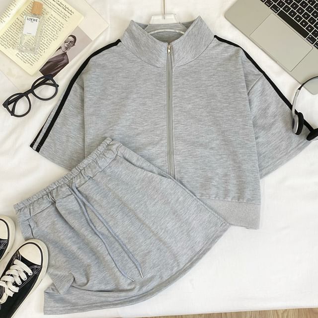 Striped Crop Jacket with Side Zip and Matching Mini Skirt Set