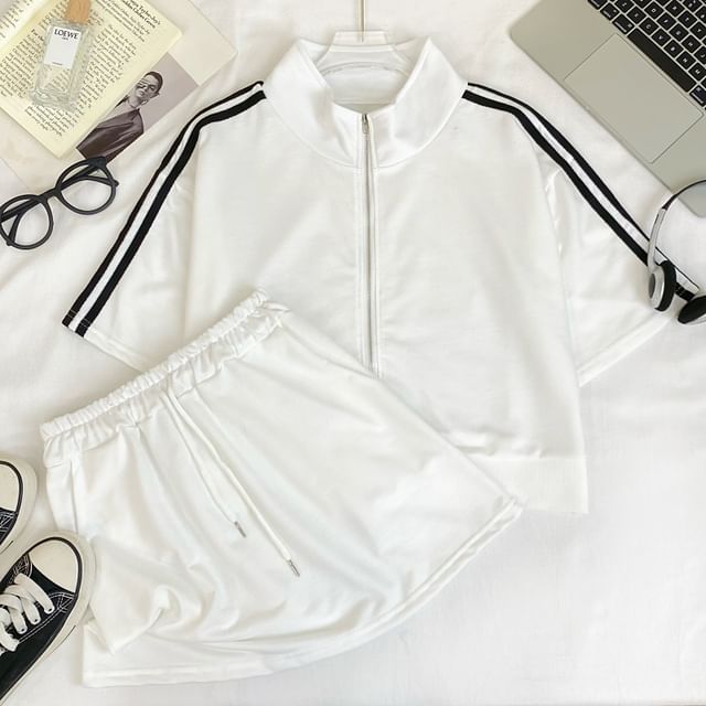 Striped Crop Jacket with Side Zip and Matching Mini Skirt Set