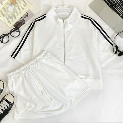 Striped Crop Jacket with Side Zip and Matching Mini Skirt Set