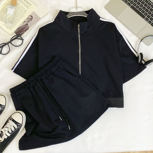 Striped Crop Jacket with Side Zip and Matching Mini Skirt Set