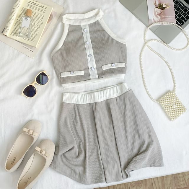 Two-Tone Sleeveless Crop Top Paired with A-Line Mini Skirt