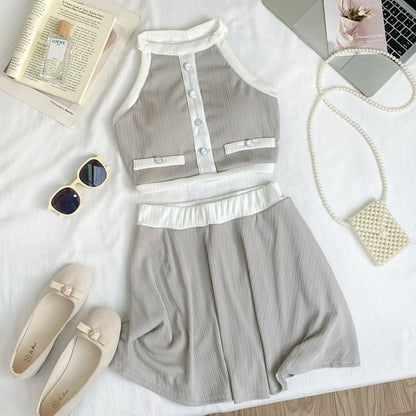 Two-Tone Sleeveless Crop Top Paired with A-Line Mini Skirt