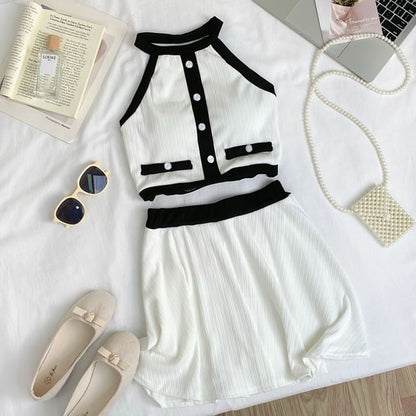 Two-Tone Sleeveless Crop Top Paired with A-Line Mini Skirt