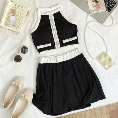 Two-Tone Sleeveless Crop Top Paired with A-Line Mini Skirt