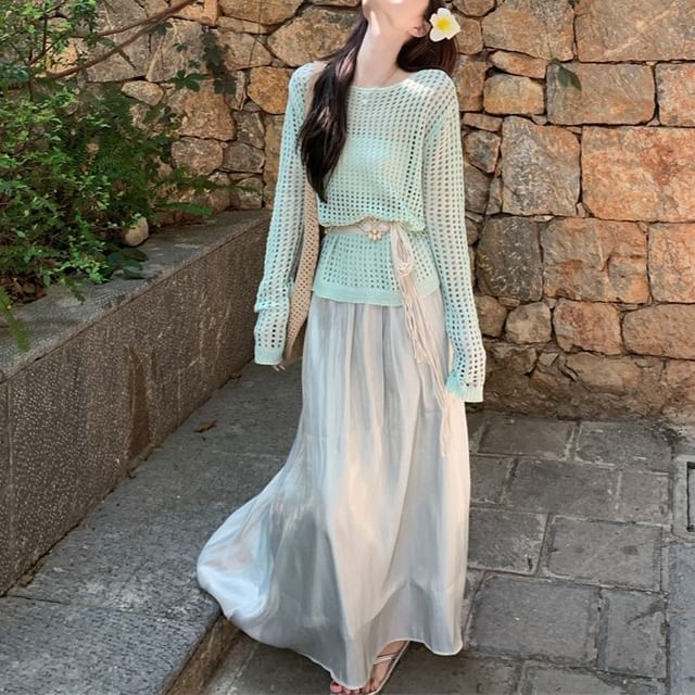 Pointelle Knit Long-Sleeve Top with Belt and Maxi Skirt Set