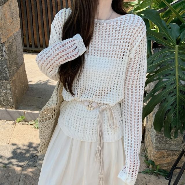 Pointelle Knit Long-Sleeve Top with Belt and Maxi Skirt Set