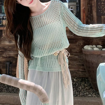 Pointelle Knit Long-Sleeve Top with Belt and Maxi Skirt Set
