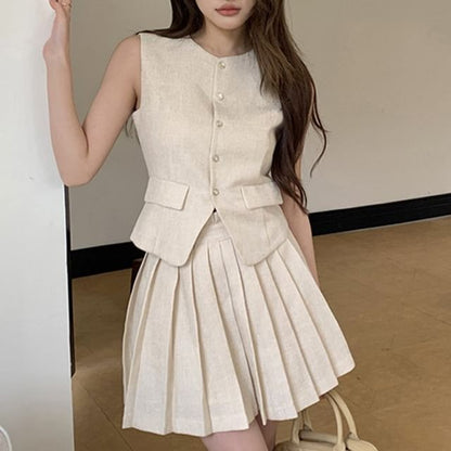 Buttoned Vest with Round Neck and Pleated Mini Skirt Set
