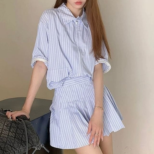 Collared Sleeveless Shirt, Zip Long-Sleeve Top, A-Line Skirt Set