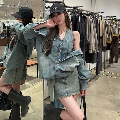 Washed Denim Shirt with Collar and High Waist Pencil Skirt Set