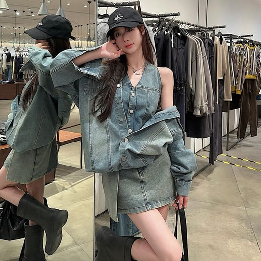 Washed Denim Shirt with Collar and High Waist Pencil Skirt Set