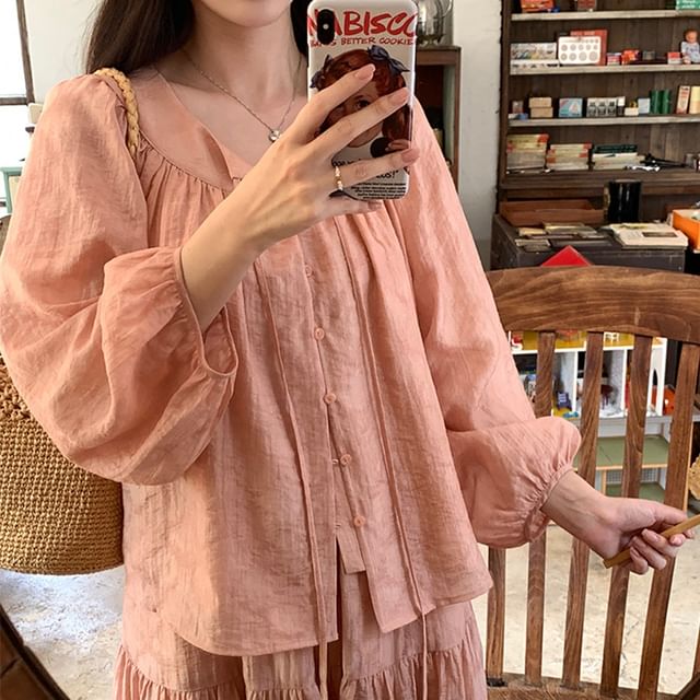 Gathered Tie-Front Blouse with Round Neck and A-Line Skirt