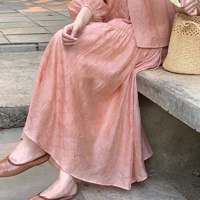 Gathered Tie-Front Blouse with Round Neck and A-Line Skirt