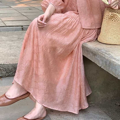 Gathered Tie-Front Blouse with Round Neck and A-Line Skirt
