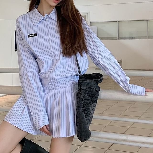 Collared Sleeveless Shirt, Zip Long-Sleeve Top, A-Line Skirt Set
