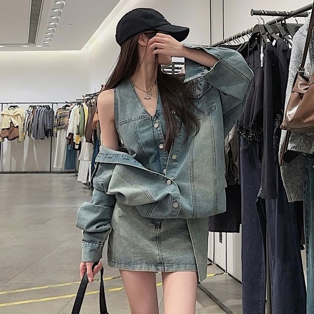 Washed Denim Shirt with Collar and High Waist Pencil Skirt Set