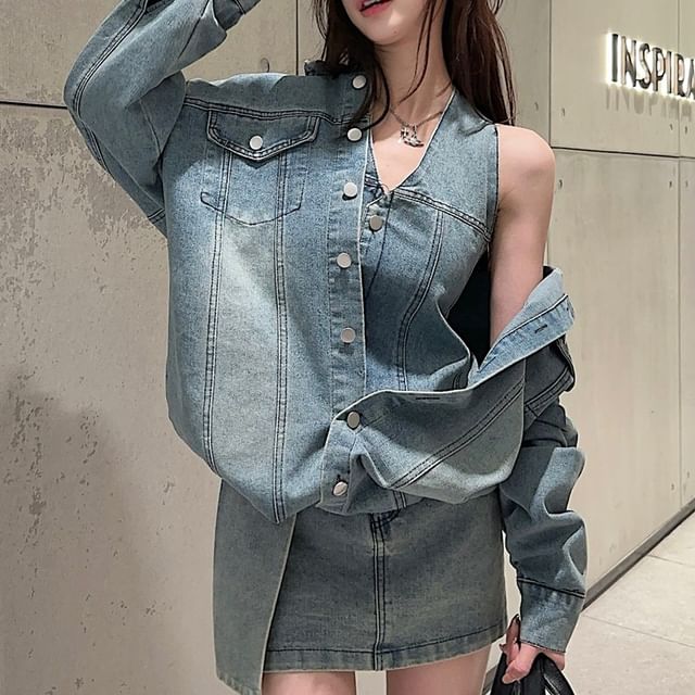 Washed Denim Shirt with Collar and High Waist Pencil Skirt Set