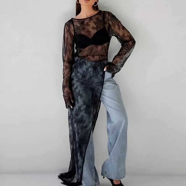 Crewneck Lace Slit Hem Long-Sleeve Maxi Dress