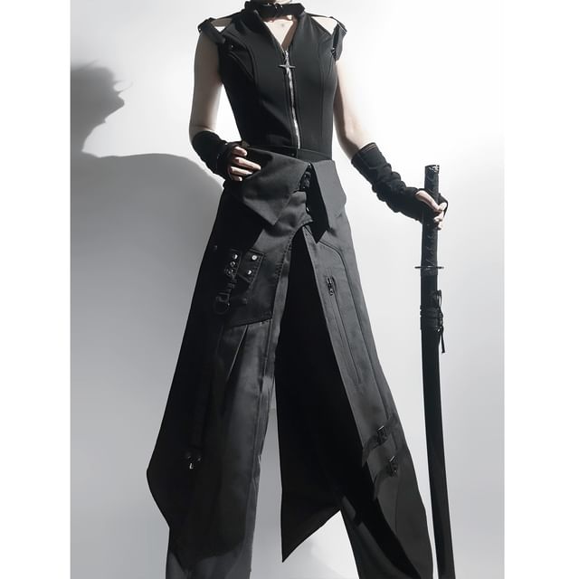 Vest with Buckled Zip, Wide-Leg Pants, Panel Skirt, Belt Set
