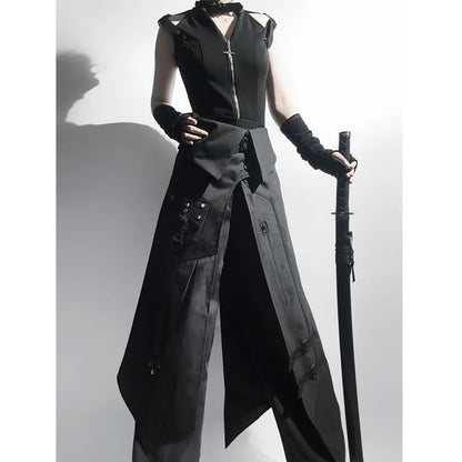 Vest with Buckled Zip, Wide-Leg Pants, Panel Skirt, Belt Set