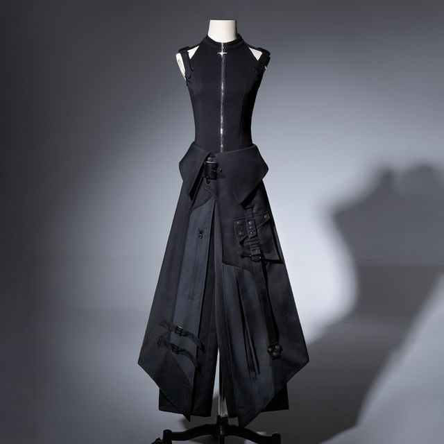 Vest with Buckled Zip, Wide-Leg Pants, Panel Skirt, Belt Set