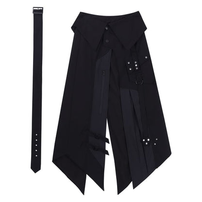 Vest with Buckled Zip, Wide-Leg Pants, Panel Skirt, Belt Set