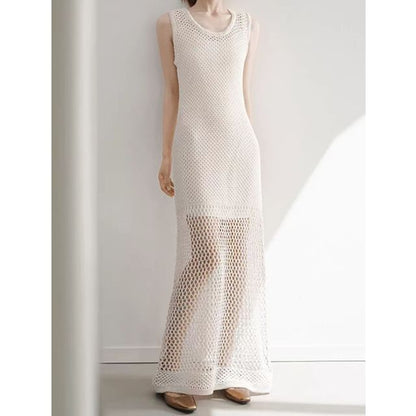 Crochet Crewneck Sleeveless Sheath Maxi Dress