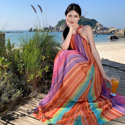 Block Color Halter A-Line Maxi Dress