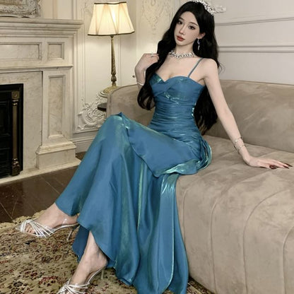 Ruffled Trim Ruched Spaghetti Strap Maxi Dress