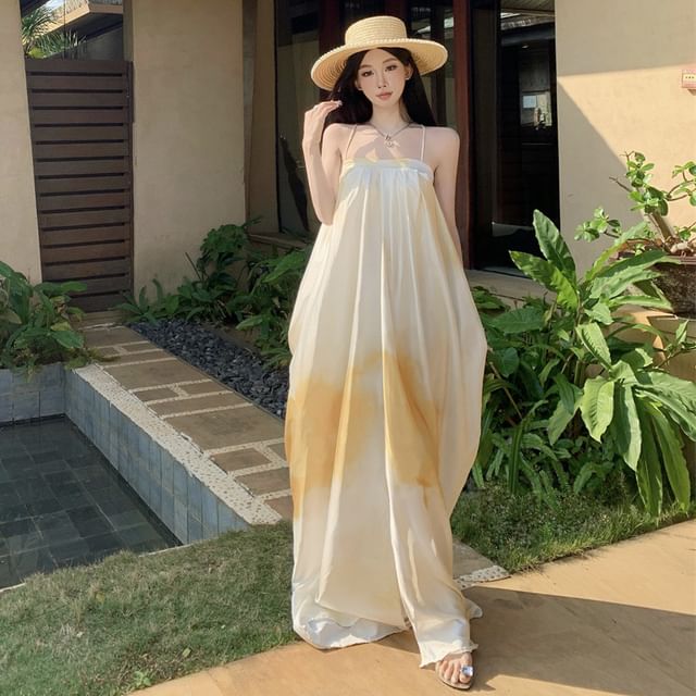 Tie Dye Slit Spaghetti Strap A-Line Maxi Dress