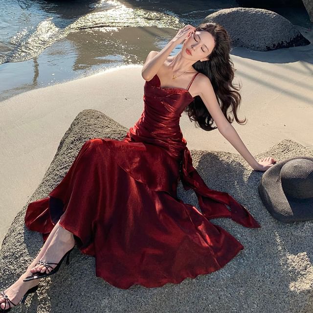 Ruffled Trim Ruched Spaghetti Strap Maxi Dress