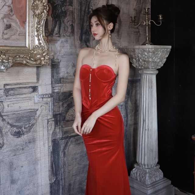 Twist Strapless Corset Mermaid Maxi Dress