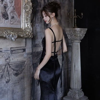 Open Back Ruched Velvet Spaghetti Strap Mermaid Dress