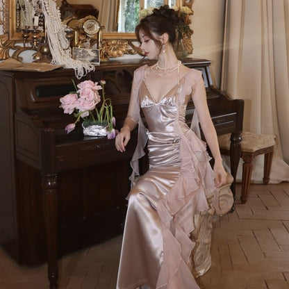 Ruched Ruffle Trim Spaghetti Strap Sheath Maxi Dress