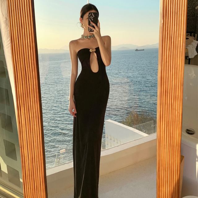 Cutout Plain Tube Sheath Maxi Dress