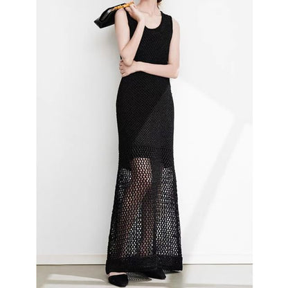 Crochet Crewneck Sleeveless Sheath Maxi Dress