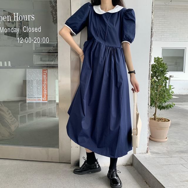 Two Tone Collared Short-Sleeve A-Line Maxi Dress