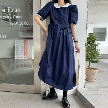 Two Tone Collared Short-Sleeve A-Line Maxi Dress